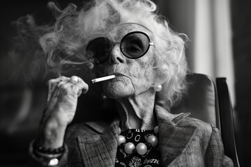 An elderly woman exudes a rebellious spirit, smoking a cigarette with sunglasses on, her image a contrast of elegance and edginess in monochrome.