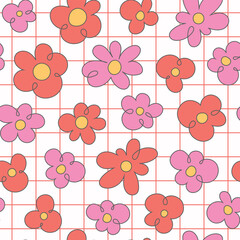 Retro 60s groovy psychedelic seamless pattern background. Cartoon hippie style pink flowers, hand drawn daisies on checkered background - obrazy, fototapety, plakaty