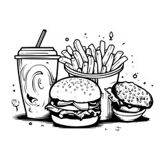food, burger, hamburger, fast, sandwich, vector, drink, illustration, meal, fast food, fries, cheese, lunch, soda, cheeseburger, dinner, cartoon, pizza, meat, lettuce, icon, snack, menu, cola, french,