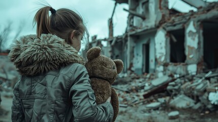 Child with teddy bear in destroyed urban area