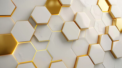 A white wall with golden hexagon tiles, creating an elegant and modern aesthetic.