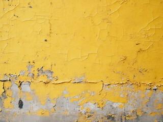 Bright yellow paint peels, revealing the texture of the gray concrete wall