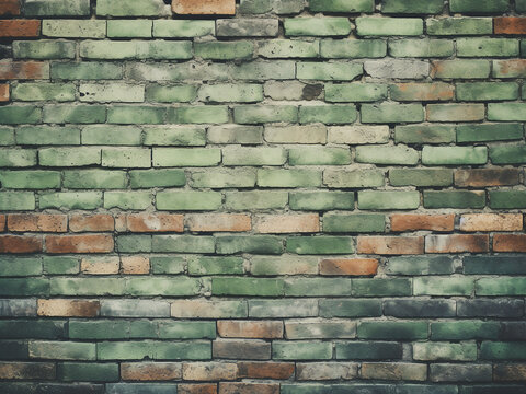 Abstract background with brick wall texture, close-up in sunny daylight, tinted with green hues