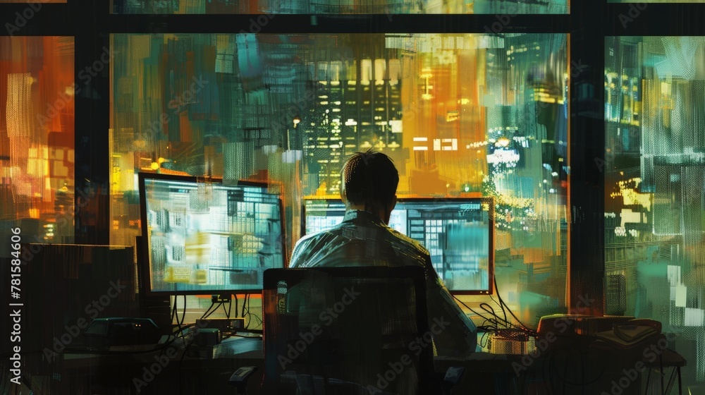 Poster man sitting at desk with dual computer screens