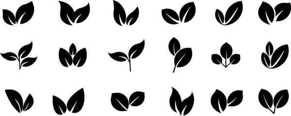  Leaf vector icons. Eco leaf logo. Simple linear leaves of trees and plants. Elements for eco friendly and bio logo,vegan. Black leaves collection. Ecology leaf element. - obrazy, fototapety, plakaty