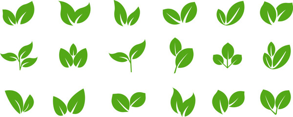 Green leaf vector icons. Eco leaf logo. Simple linear leaves of trees and plants. Elements for eco friendly and bio logo,vegan. Green leaves collection. Ecology leaf element. - obrazy, fototapety, plakaty