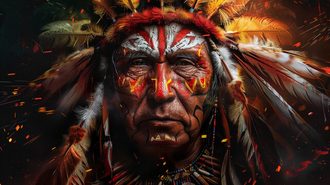 A tribal chieftain graphical vector face adorned with feathers and war paint, commanding respect and authority among their people.