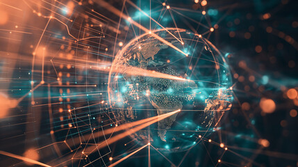 A concept of a futuristic global network showcasing an interconnected world with digital connections, symbolizing global communication and interaction