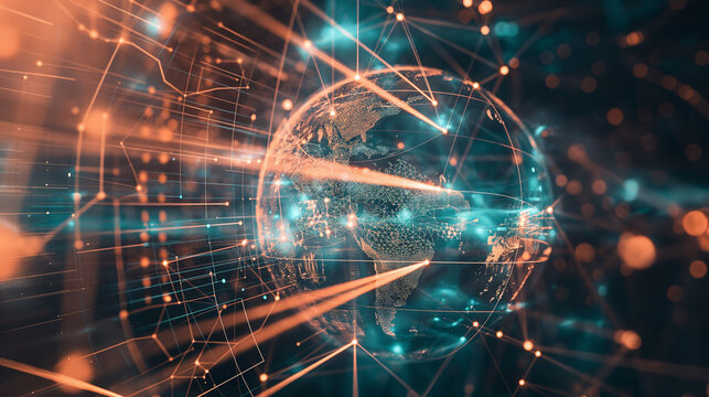 A concept of a futuristic global network showcasing an interconnected world with digital connections, symbolizing global communication and interaction