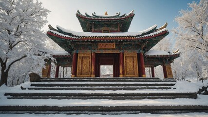 Traditional asian temple, adorned with intricate designs, vibrant colors, stands majestically amidst serene winter landscape.