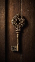 Vintage key with intricate designs lies against dark wooden background, capturing essence of mystery, antiquity. Key, adorned with elaborate patterns, exudes aura of secrets waiting to be unveiled.