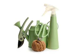 Set of different gardening supplies on white background