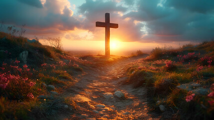 Cross on the hill with sunset - obrazy, fototapety, plakaty