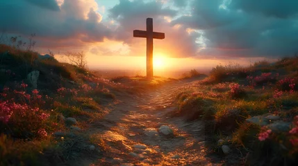 Foto op Aluminium Cross on the hill with sunset © narvin