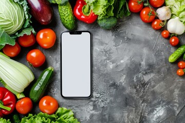 Smartphone with white screen amid fresh vegetables - obrazy, fototapety, plakaty