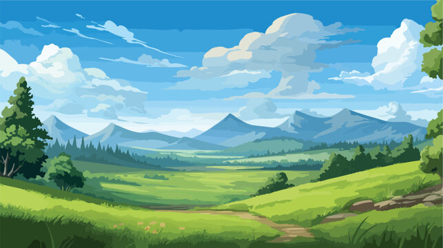 Mountain valley landscape with green meadow and clo