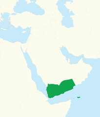 Green detailed blank political map of YEMEN with black borders on beige continent background and blue sea surfaces using orthographic projection of the Middle East