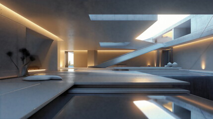 Futuristic minimalist interior space with an entrance hall leadi