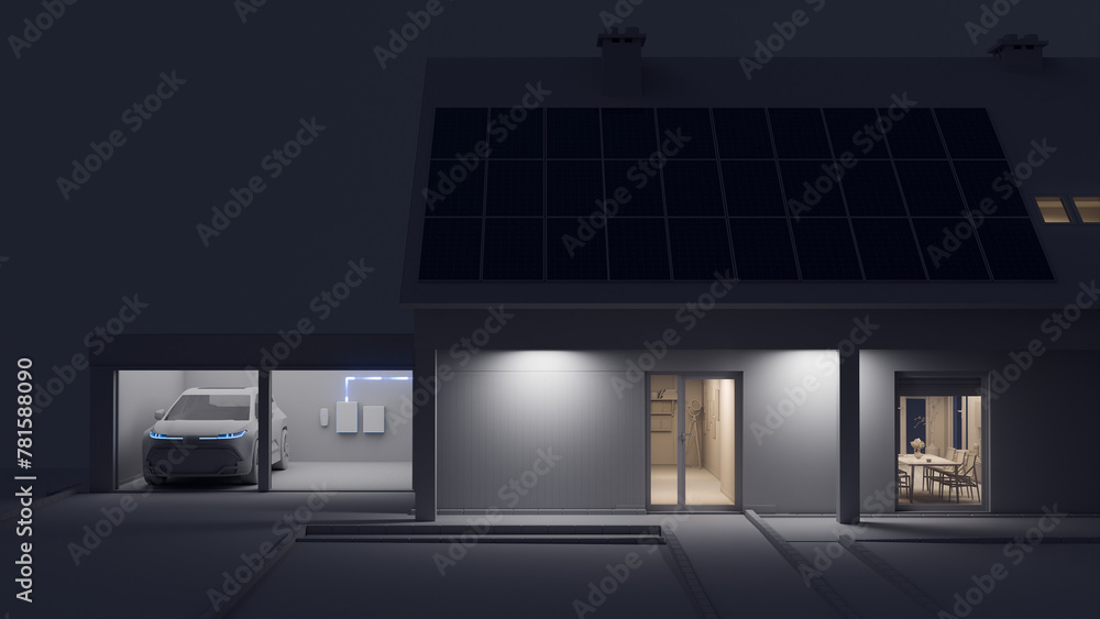 Wall mural Solar panels on the roof of the house and battery storage in the garage. The house is powered by the electricity stored in the batteries. Font view. Modern house. Night. - Wall murals