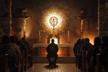Worshippers Kneeling in Prayer During Eucharistic Adoration - obrazy, fototapety, plakaty