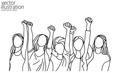 Woman power voting hands raising to sky. One continuous line art feminist online. Election day diversity concept. Hand drawing sketch people vector illustration