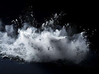 Freeze motion displays white particles on black, resembling powder explosion - obrazy, fototapety, plakaty