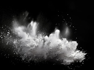 Freeze-frame captures white particles on black backdrop, depicting powder explosion