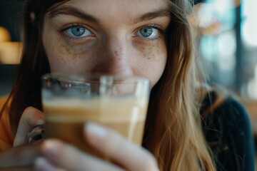 Woman Enjoying Fresh Frappe Coffee