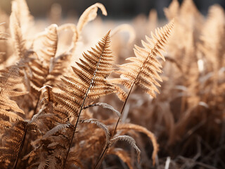 Dried ferns and bracken under winter sunlight in full frame close-up