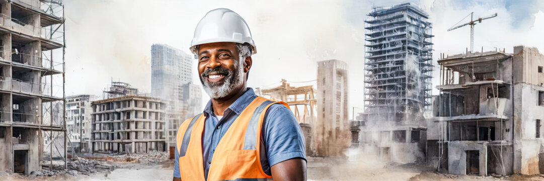Watercolor style illustration banner - black middle-aged construction worker in helmet on construction site, with buildings at backdrop.Architectural Engineering,Concept of Urban Development.