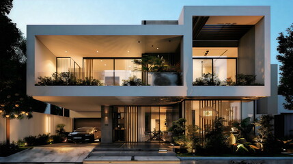 A modern twostory villa with large windows, white walls and blac