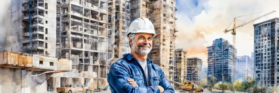 Watercolor style illustration banner - middle -aged construction engineer in helmet on construction site, with buildings at backdrop.Architectural Engineering,Concept of Urban Development.