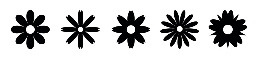 set of black daisies from geometric figures, collection of abstract silhouettes of flowers flowers icons isolated on white	