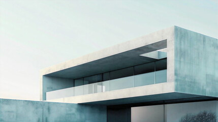 Minimalist architecture, concrete house, glass balcony, exterior