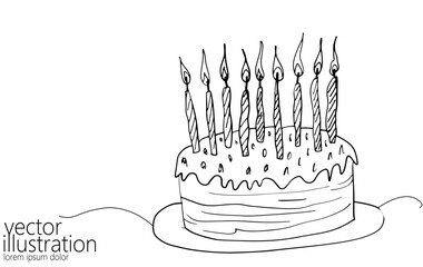 One line continuous birthday cake with candle symbol concept. Silhouette of dessert cafe restaurant holiday. Digital white single line sketch drawing vector illustration