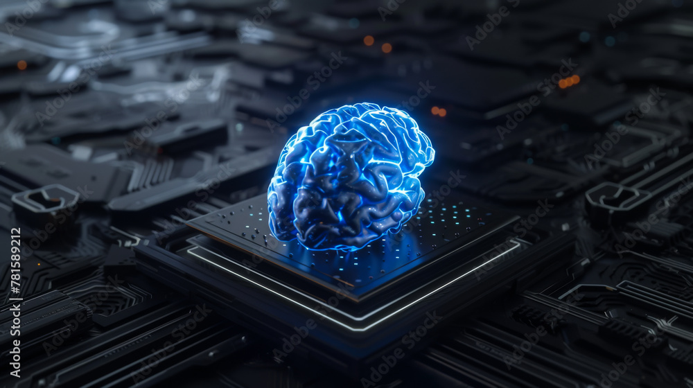 Wall mural glowing blue brain floating on top of a black futuristic circuit board, against a black background