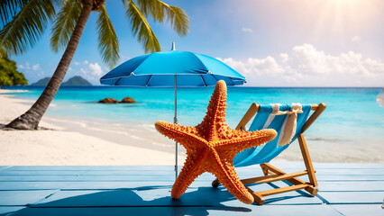 Fototapeta na wymiar Sandy beach with umbrella and chair. Tropical holiday.