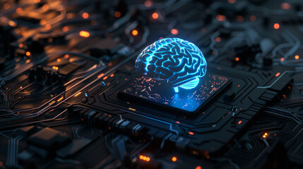 Fototapeta premium glowing blue brain floating on top of a black futuristic circuit board, against a black background