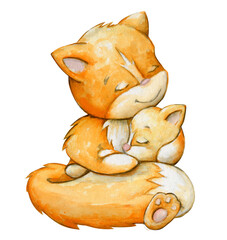 Foxes, mom is holding a sleeping baby. Watercolor clipart of forest animals on an isolated background.
