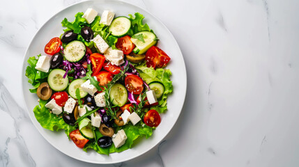 Greek salad with lettuce, tomato, cucumber, olives and feta dish on a white marble table, top view
