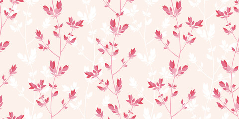 Spring branches seamless vector pattern. Small leaves prune, pink silhouette ornament