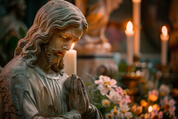 Serene Jesus Statue in Prayer Amongst Candlelight - obrazy, fototapety, plakaty