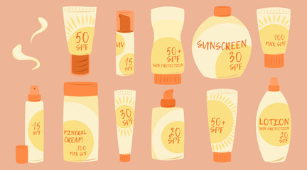 Set of various bottles, containers, tubes with sunscreen products in flat style. Summer vector illustration with hand drawn cream, lotion, spray, emulsion, fluid