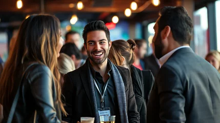 Foto op Plexiglas Handsome man laughing with colleagues while holding a drink at a social networking event in an evening setting © Armin