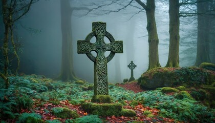 Ancient Celtic gravesite with unmarked gravestones in the middle of a forest in rural Scotland. Generative AI