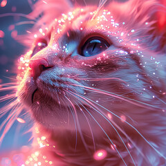 A cat with blue eyes is sitting on a bed with pink sparkles. The cat appears to be looking at the camera, and the pink sparkles give the image a whimsical and playful mood