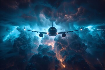 Airplane braving storm with spectacular lightning display
