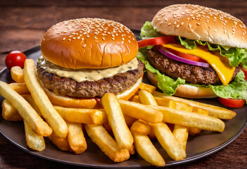 Fast food hamburger with french fries on table.