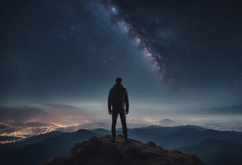 Man standing on the mountain at night with starry sky and Milky Way or Northern lights aurora borealis back view