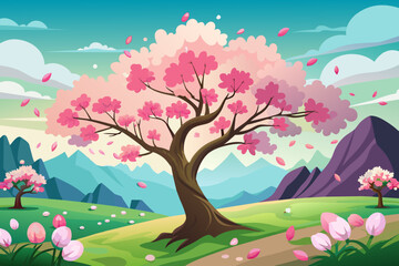 Spring nature scene with a pink blooming tree Symbolizing the beauty and renewal associated with Easter